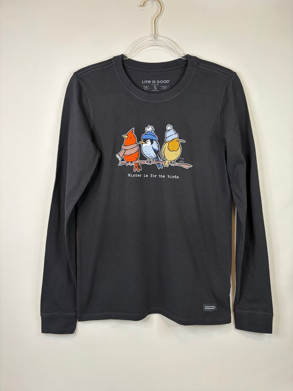 Life is Good Crusher Tee Long Sleeve 'Winter is for the birds' Women's Small NEW